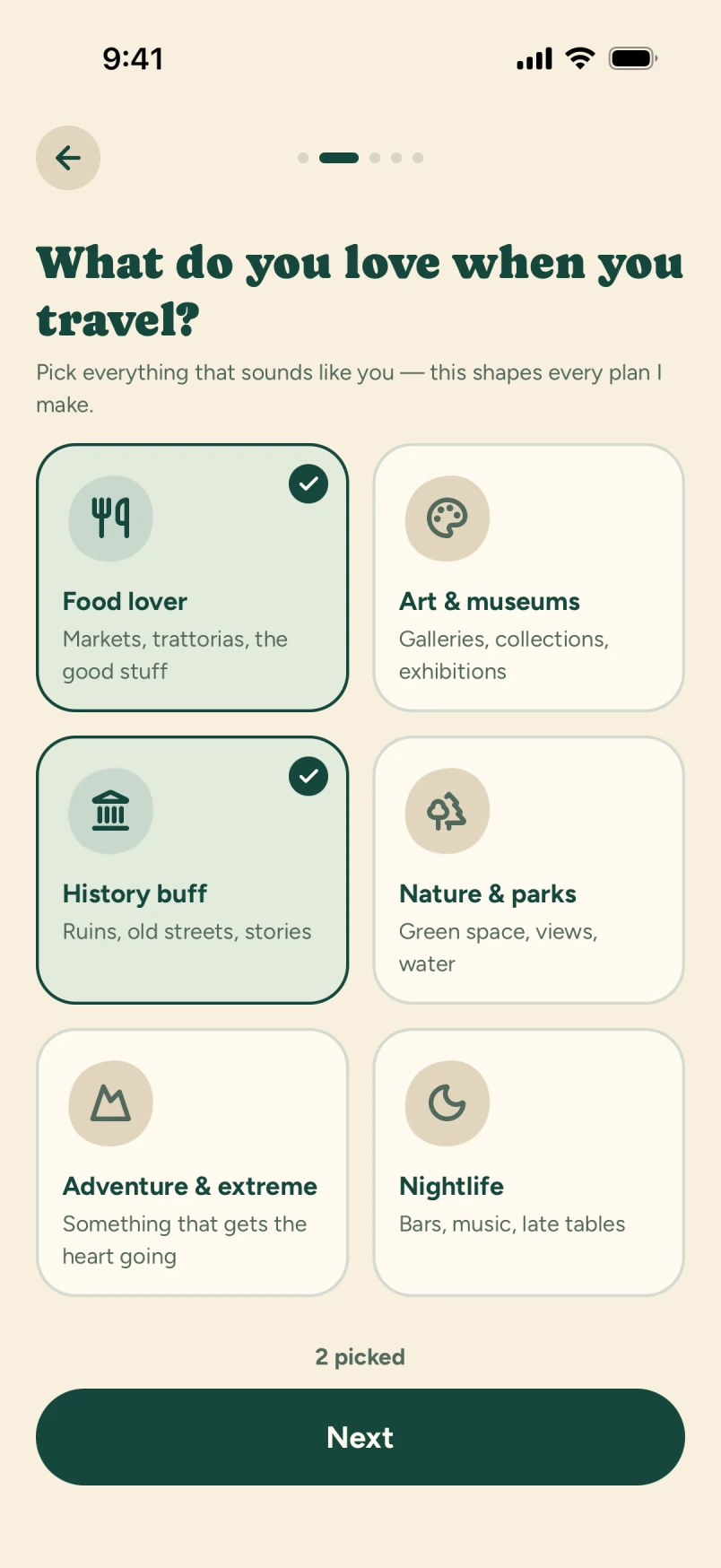 Tralupo interests screen with Food and History selected.