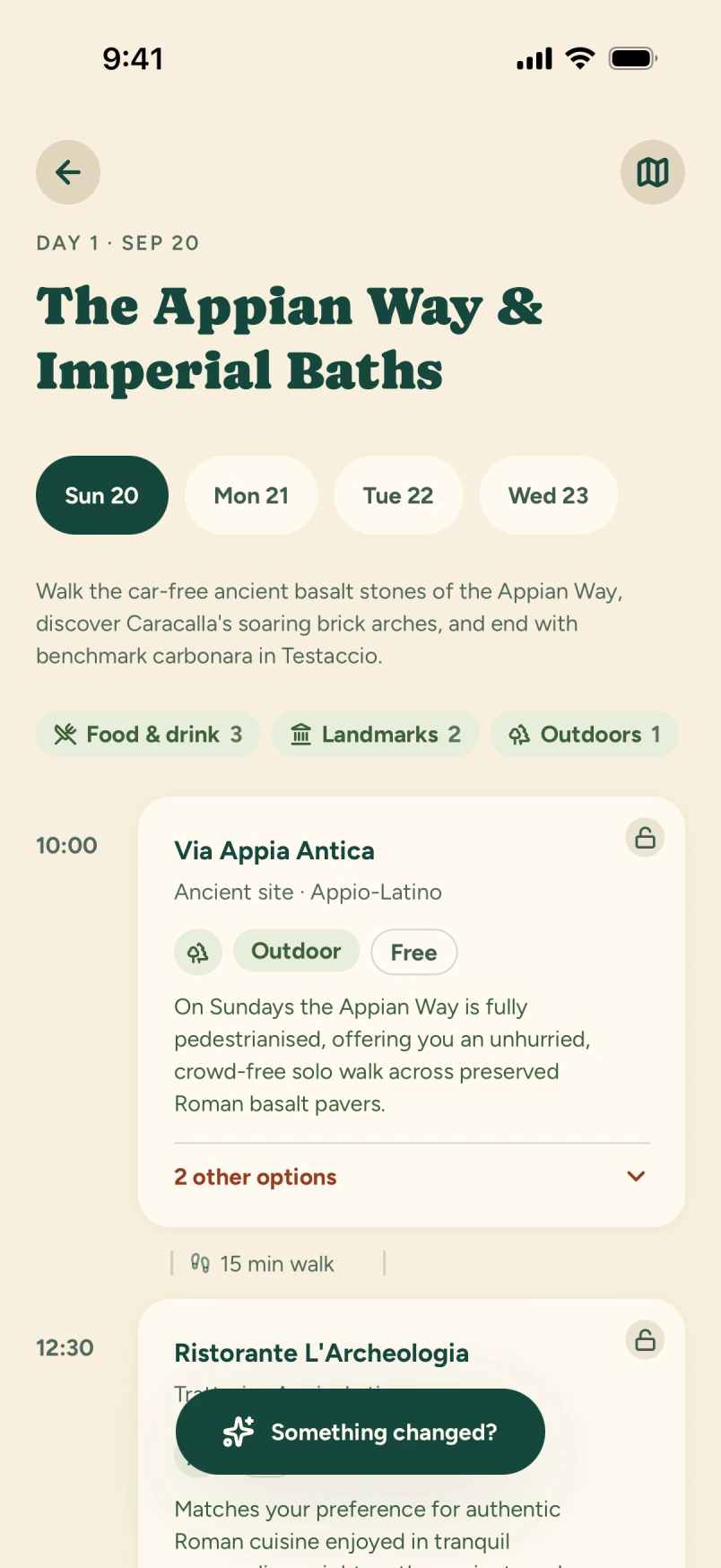 A real Rome itinerary in Tralupo, showing timed stops and the reasons they were recommended.