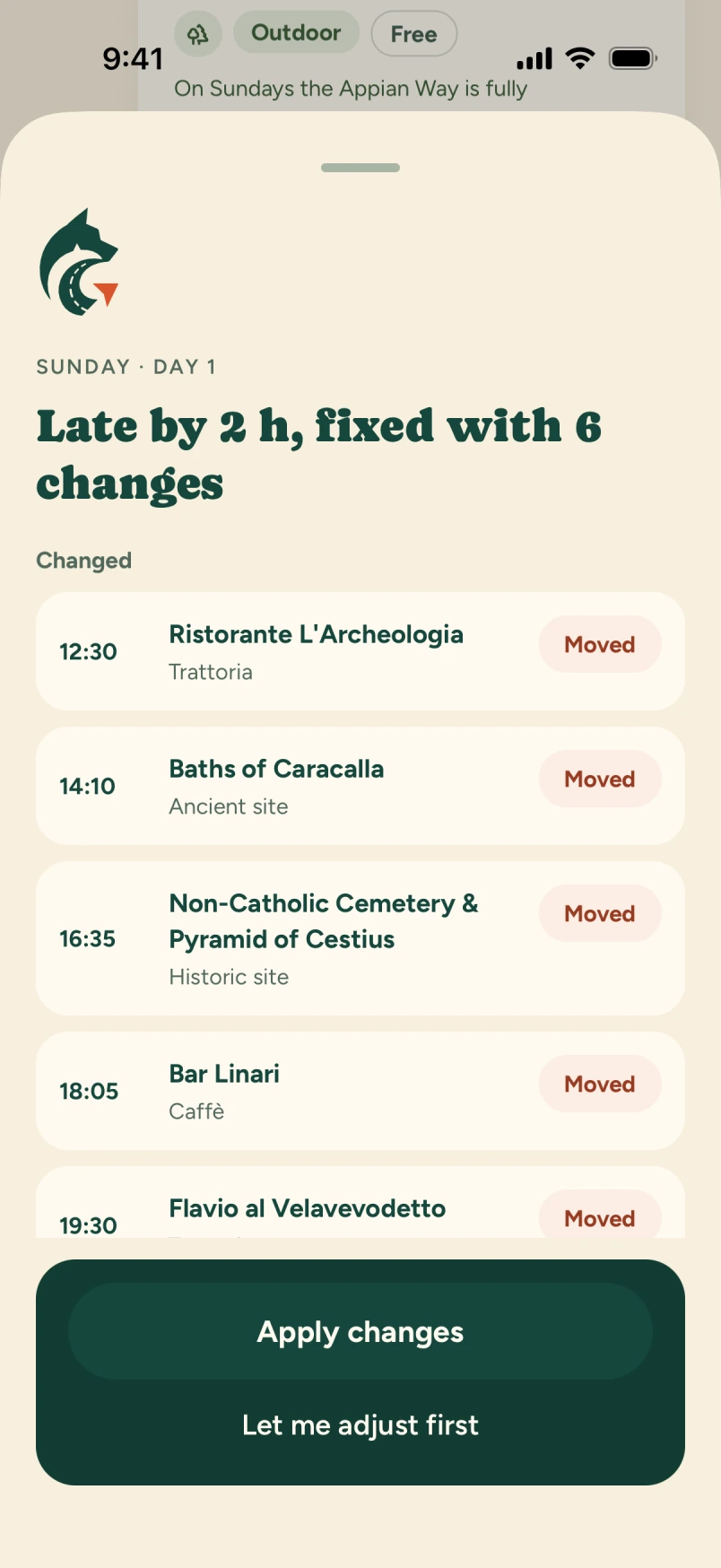 Tralupo’s review screen for a late start shows moved stops and the choices Apply changes or Let me adjust first.