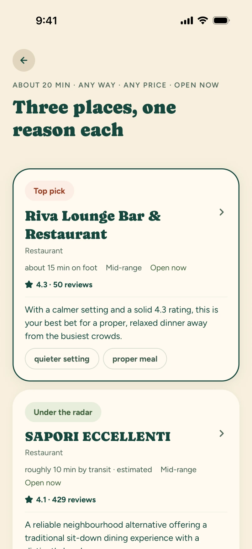 Tralupo’s Hungry right now screen shows Riva and a reason for the food recommendation.