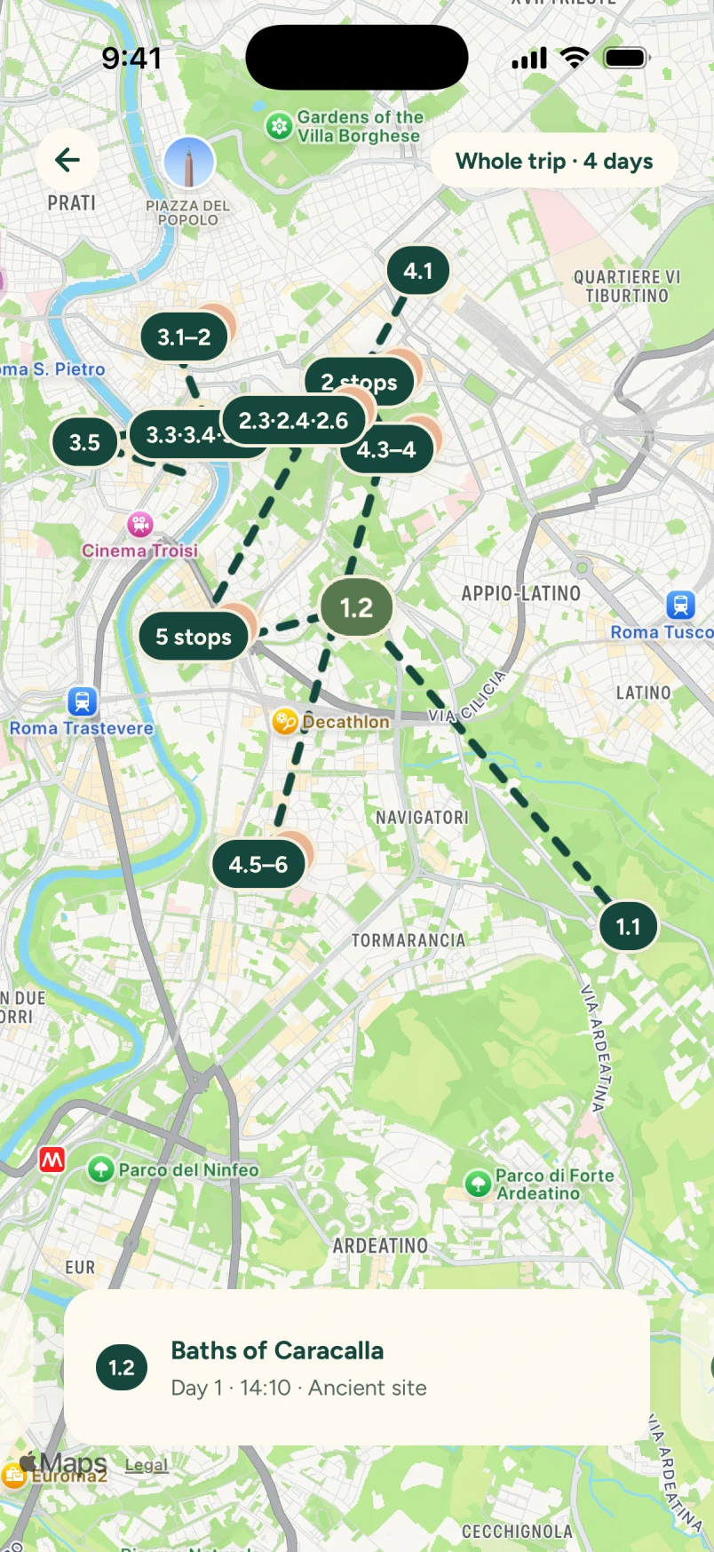 The same Rome trip shown on the app’s map, with numbered stops and map attribution.
