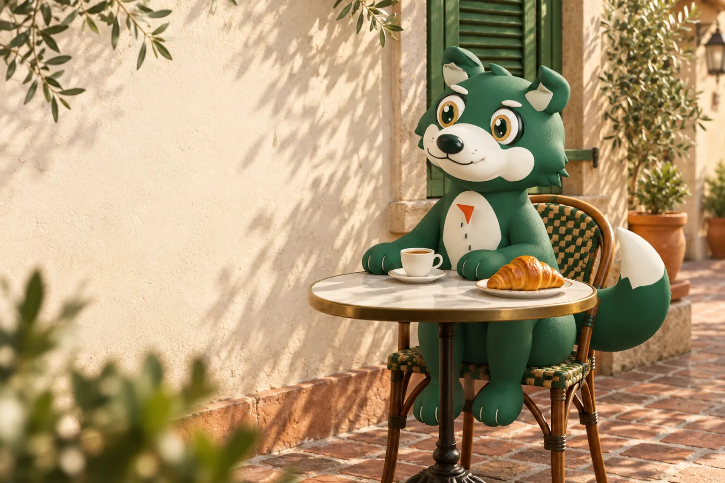 The Tralupo wolf takes a slow café morning, with an espresso and a croissant in the sunshine.