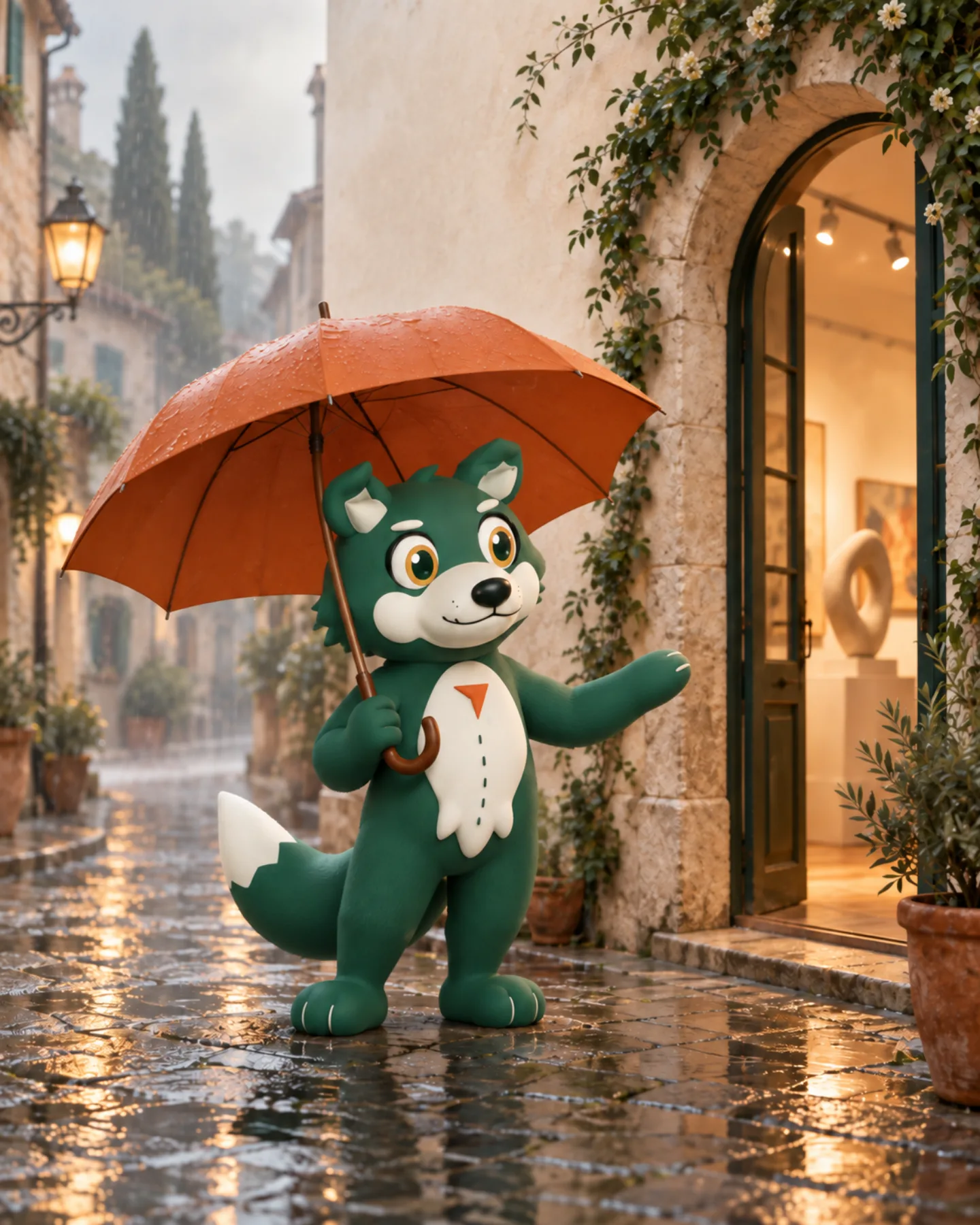 Under an orange umbrella, the Tralupo wolf discovers a warm, welcoming gallery on a rainy street.