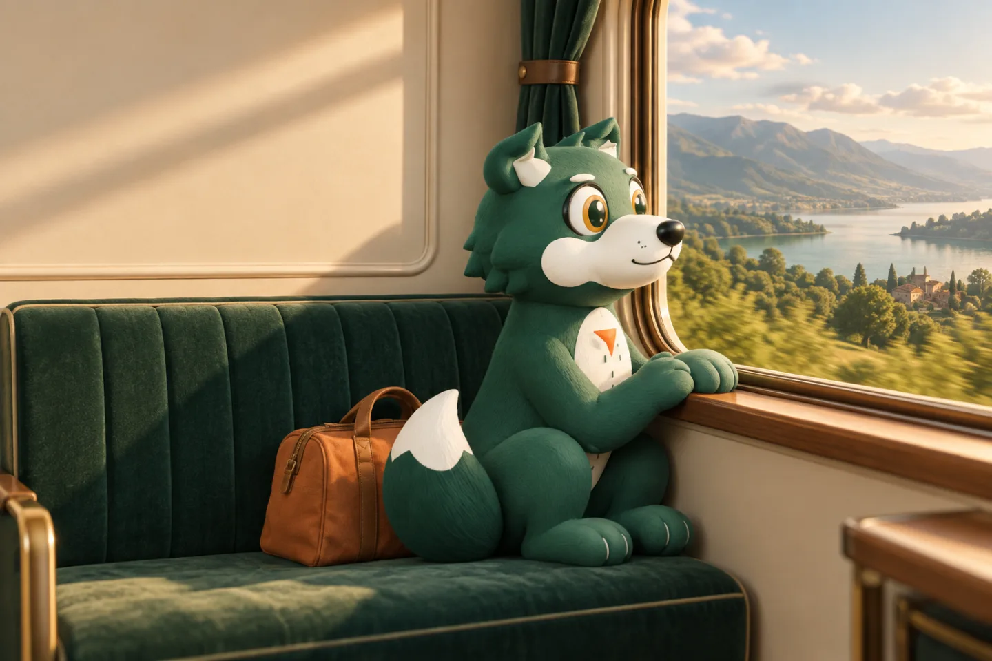 The Tralupo wolf looks out from a green train seat as a lake and sunlit hills pass by.