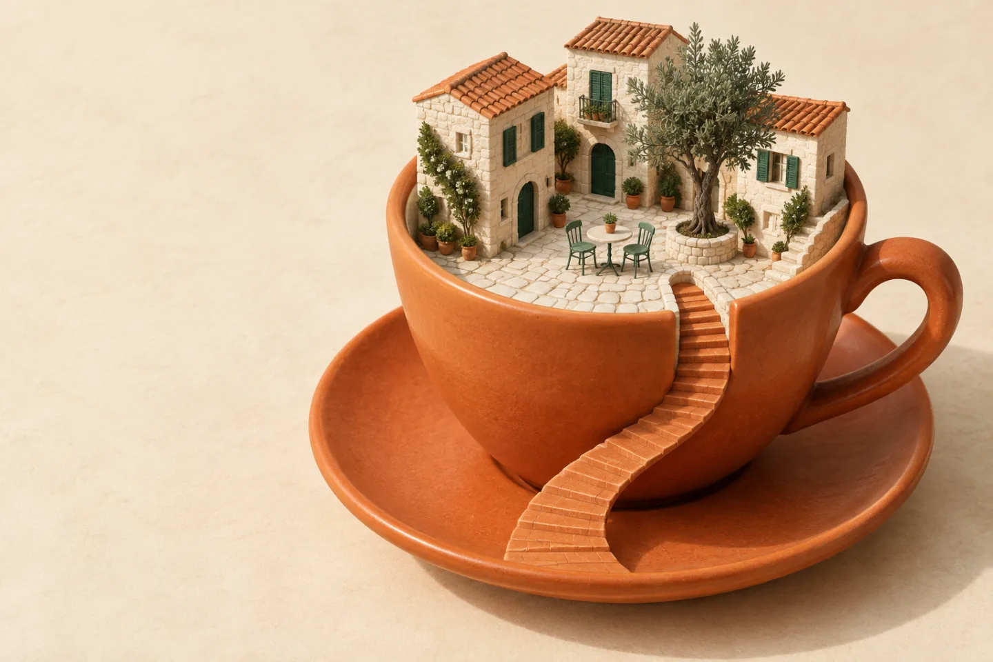A tiny Italian piazza springs from a terracotta espresso cup, with café tables and warm stone buildings.