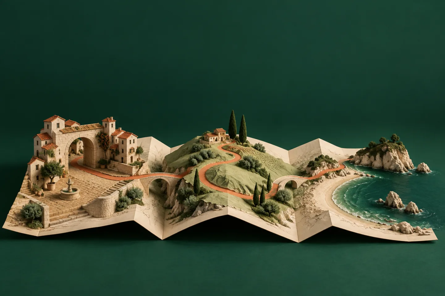 An orange route winds across a sculpted paper map, from a little Italian town through green hills to the sea.