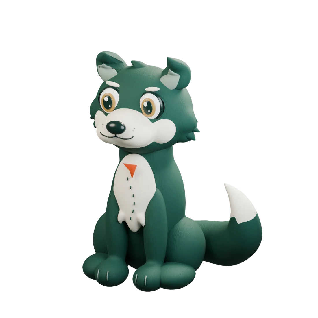 A curious pine green wolf with ivory cheeks and an orange navigation arrow.
